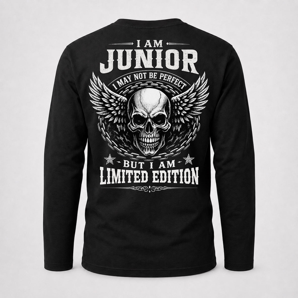 JUNIOR P01-K24-229 – Personalized Skull Graphic Apparel “I Am NAME I May Not Be Perfect But I Am Limited Edition”