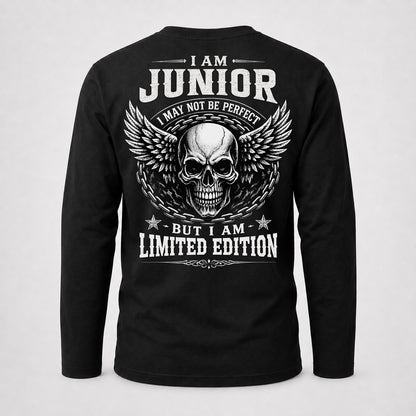 JUNIOR P01-K24-229 – Personalized Skull Graphic Apparel “I Am NAME I May Not Be Perfect But I Am Limited Edition”