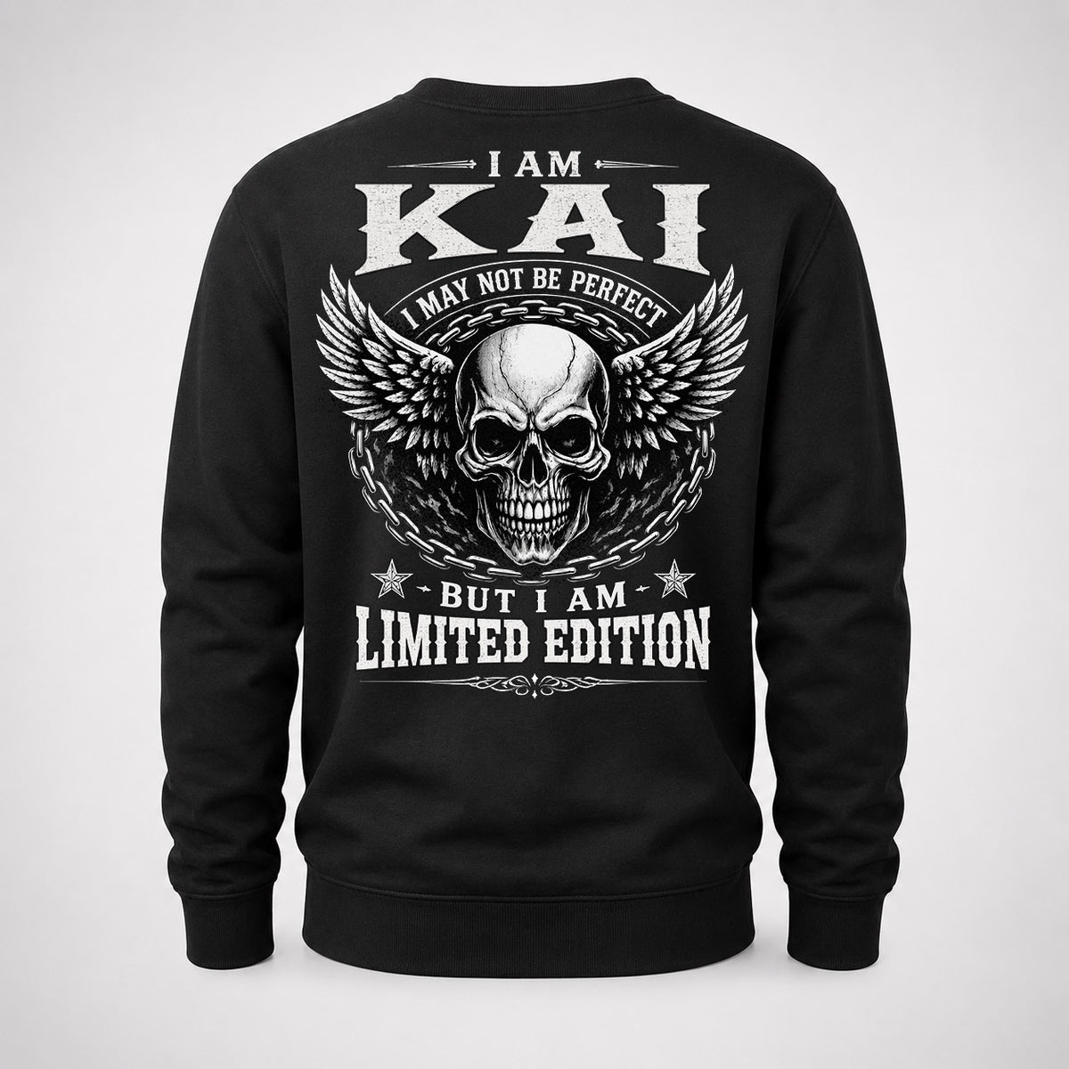 KAI P01-K24-229 – Personalized Skull Graphic Apparel “I Am NAME I May Not Be Perfect But I Am Limited Edition”