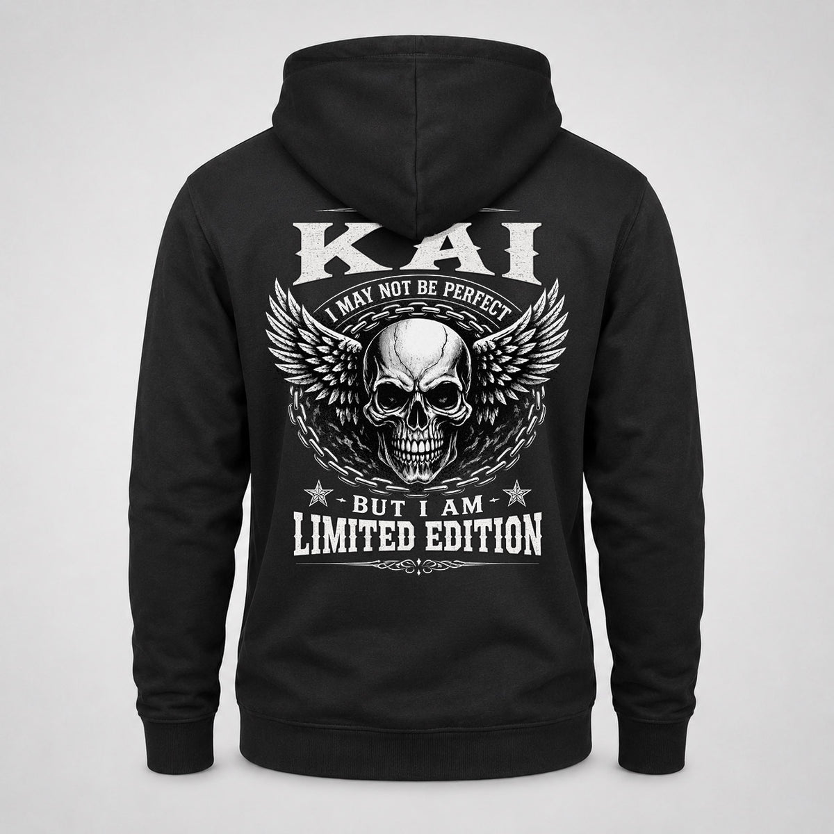 KAI P01-K24-229 – Personalized Skull Graphic Apparel “I Am NAME I May Not Be Perfect But I Am Limited Edition”