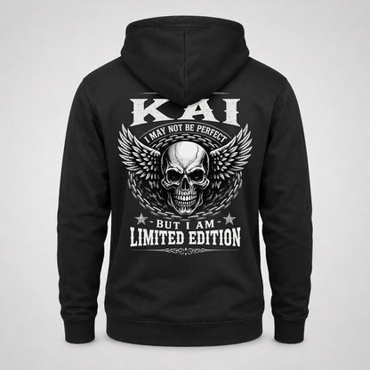 KAI P01-K24-229 – Personalized Skull Graphic Apparel “I Am NAME I May Not Be Perfect But I Am Limited Edition”