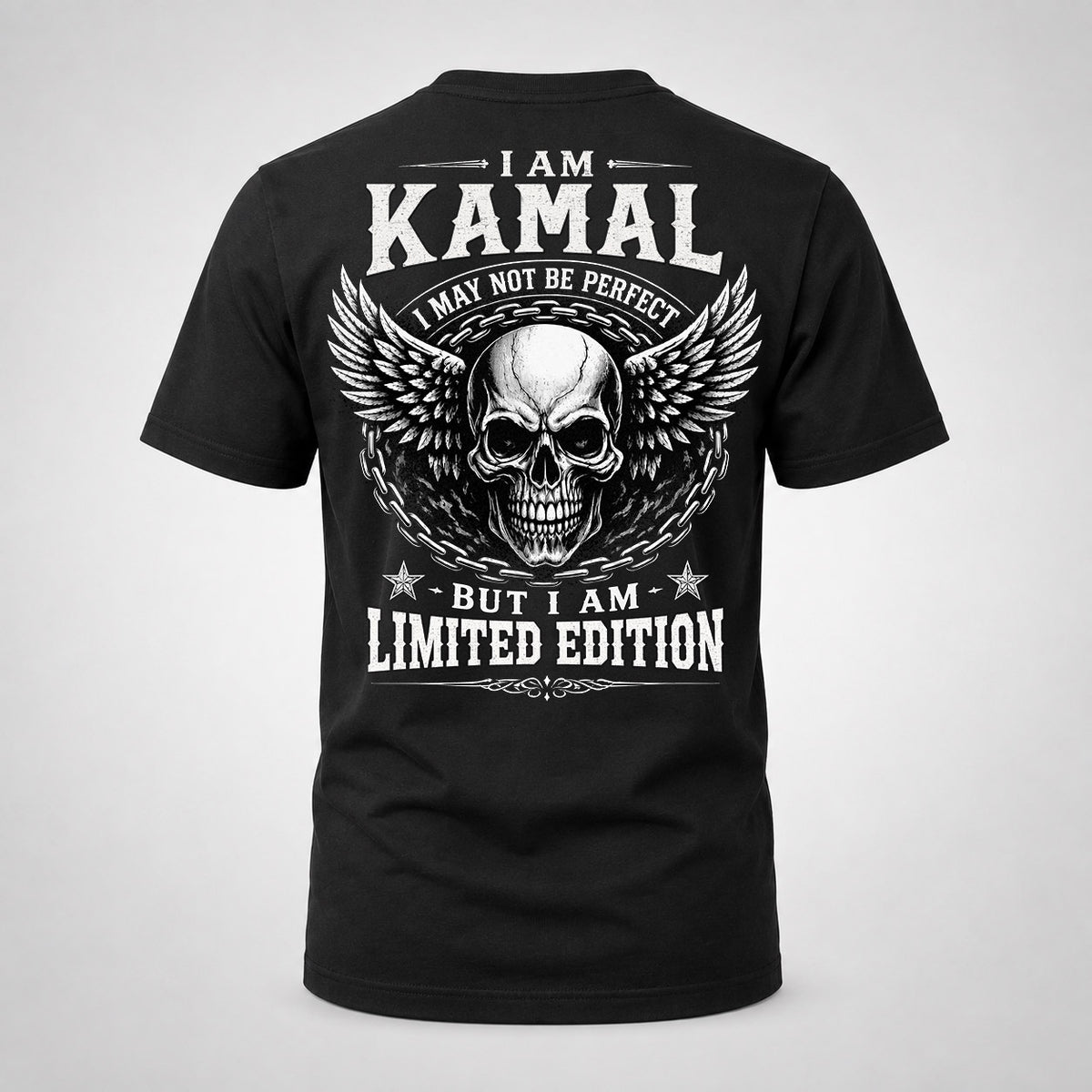 KAMAL P01-K24-229 – Personalized Skull Graphic Apparel “I Am NAME I May Not Be Perfect But I Am Limited Edition”