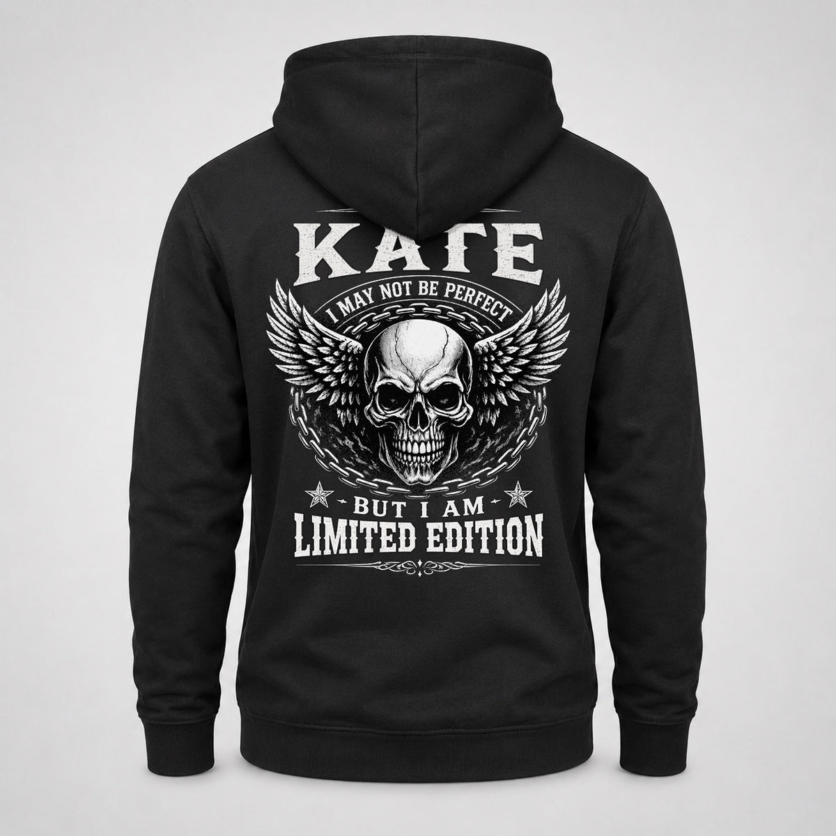 KATE P01-K24-229 – Personalized Skull Graphic Apparel “I Am NAME I May Not Be Perfect But I Am Limited Edition”
