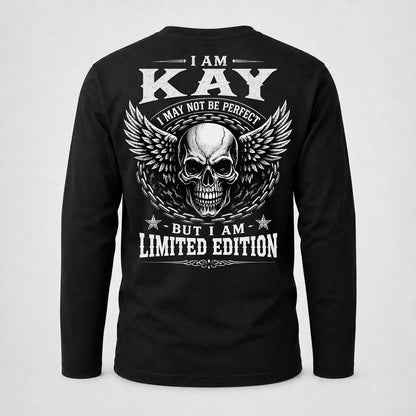 KAY P01-K24-229 – Personalized Skull Graphic Apparel “I Am NAME I May Not Be Perfect But I Am Limited Edition”