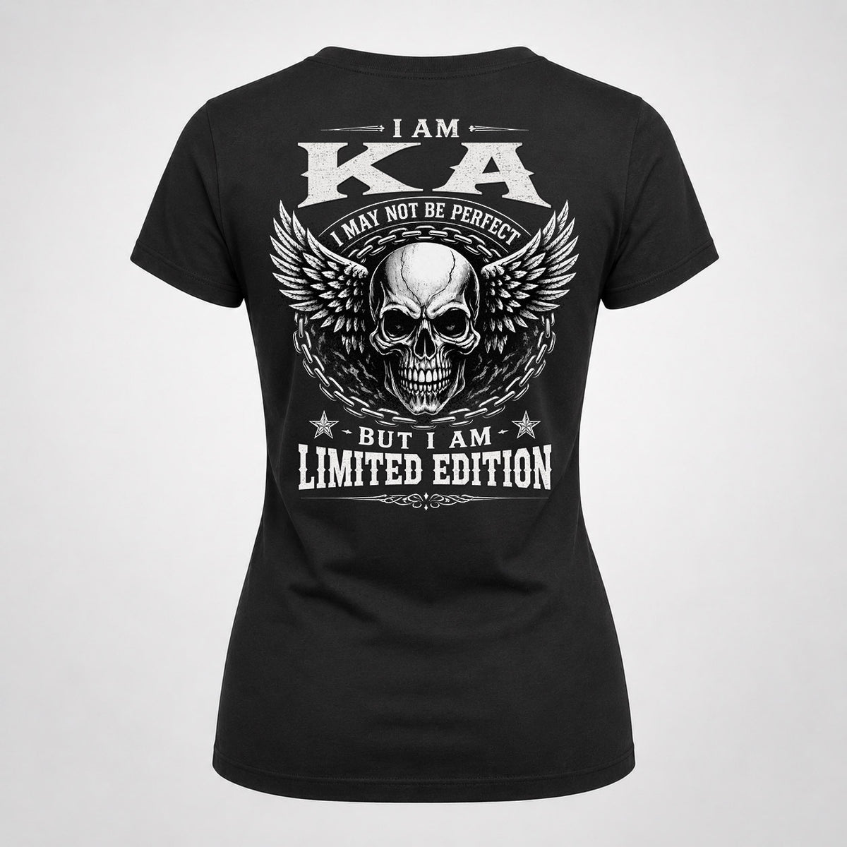 KA P01-K24-229 – Personalized Skull Graphic Apparel “I Am NAME I May Not Be Perfect But I Am Limited Edition”