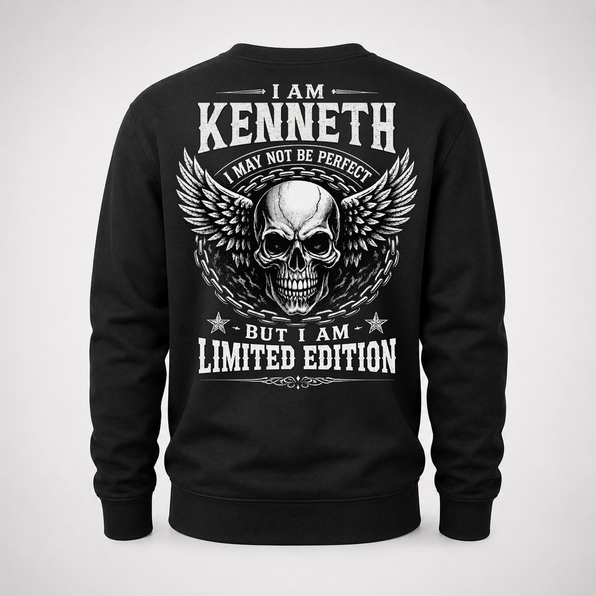 KENNETH P01-K24-229 – Personalized Skull Graphic Apparel “I Am NAME I May Not Be Perfect But I Am Limited Edition”