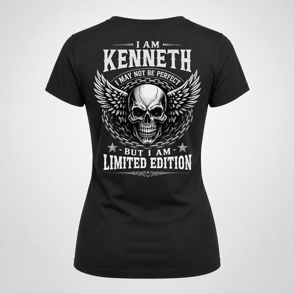 KENNETH P01-K24-229 – Personalized Skull Graphic Apparel “I Am NAME I May Not Be Perfect But I Am Limited Edition”