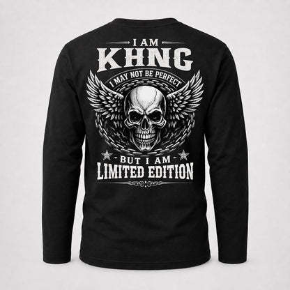 KHNG P01-K24-229 – Personalized Skull Graphic Apparel “I Am NAME I May Not Be Perfect But I Am Limited Edition”