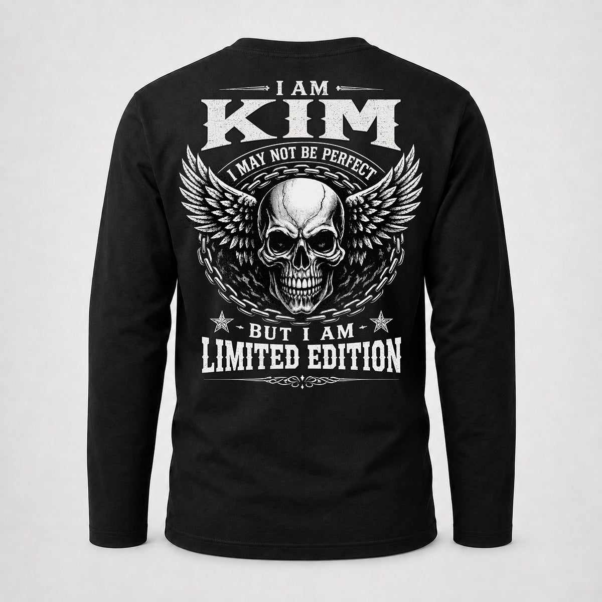 KIM P01-K24-229 – Personalized Skull Graphic Apparel “I Am NAME I May Not Be Perfect But I Am Limited Edition”