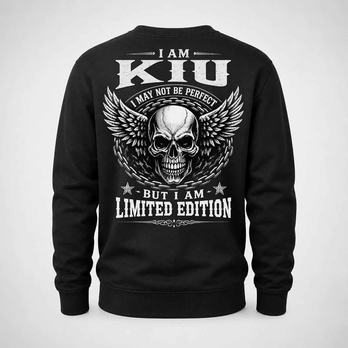 KIU P01-K24-229 – Personalized Skull Graphic Apparel “I Am NAME I May Not Be Perfect But I Am Limited Edition”