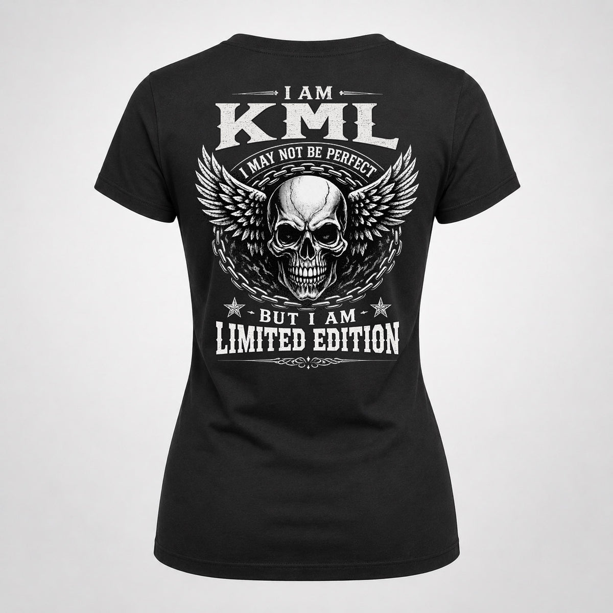 KML P01-K24-229 – Personalized Skull Graphic Apparel “I Am NAME I May Not Be Perfect But I Am Limited Edition”