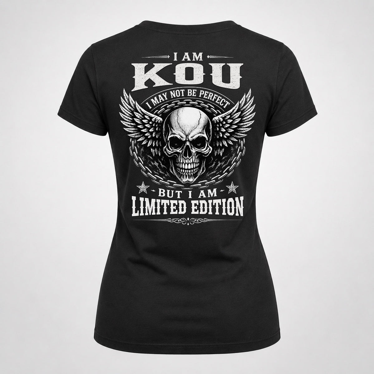 KOU P01-K24-229 – Personalized Skull Graphic Apparel “I Am NAME I May Not Be Perfect But I Am Limited Edition”