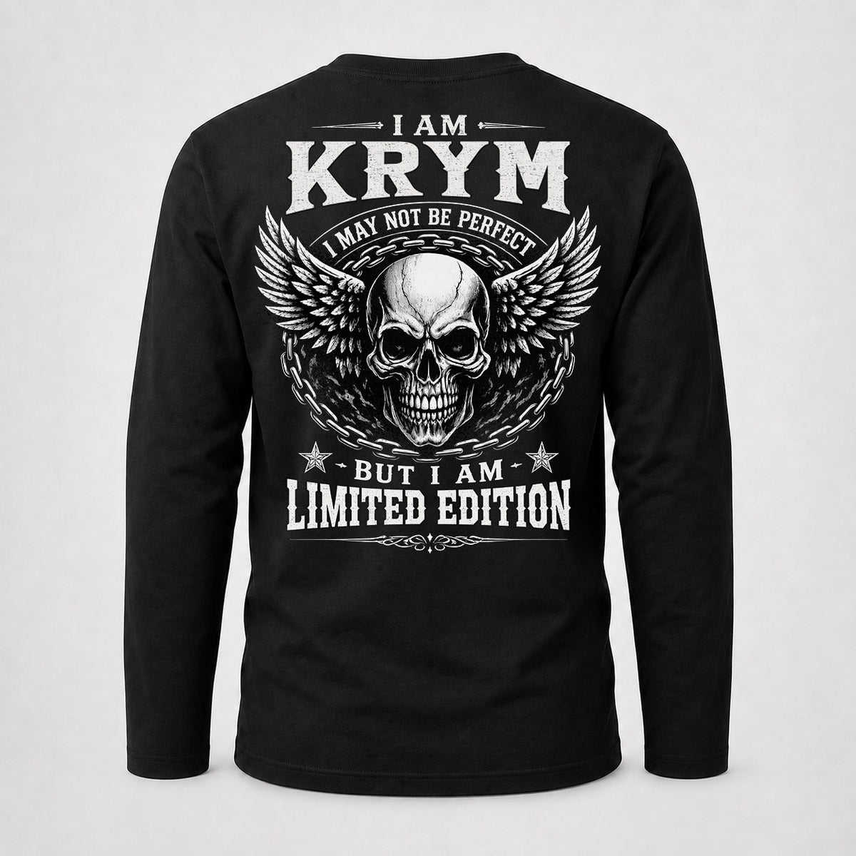 KRYM P01-K24-229 – Personalized Skull Graphic Apparel “I Am NAME I May Not Be Perfect But I Am Limited Edition”