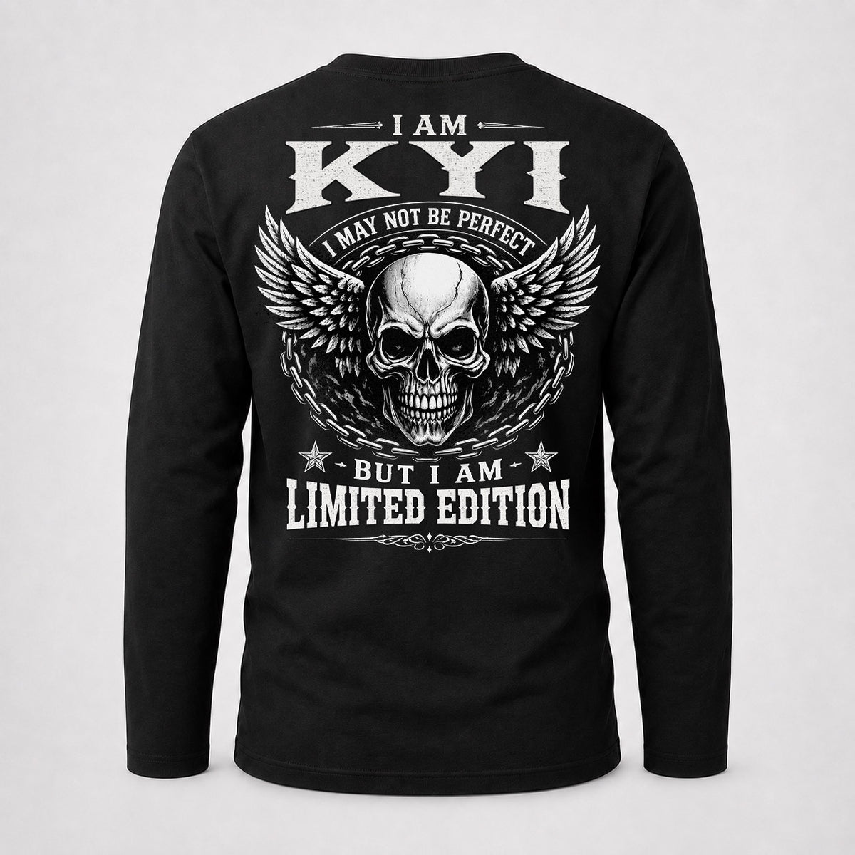 KYI P01-K24-229 – Personalized Skull Graphic Apparel “I Am NAME I May Not Be Perfect But I Am Limited Edition”