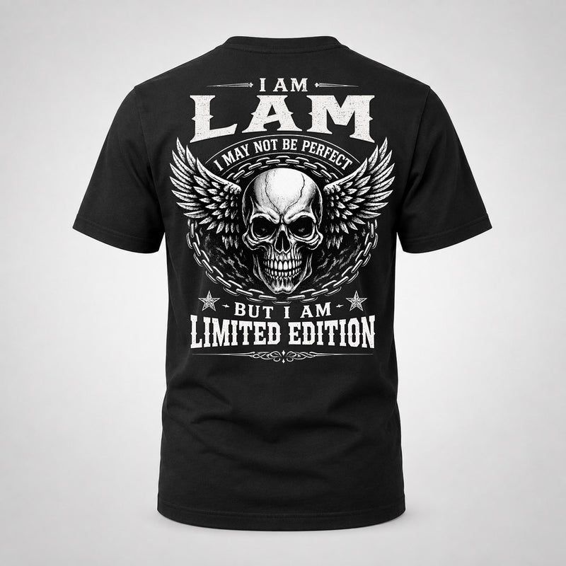 LAM P01-K24-229 – Personalized Skull Graphic Apparel “I Am NAME I May Not Be Perfect But I Am Limited Edition”