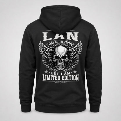 LAN P01-K24-229 – Personalized Skull Graphic Apparel “I Am NAME I May Not Be Perfect But I Am Limited Edition”
