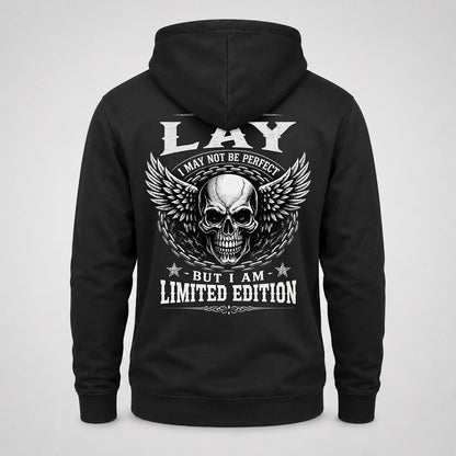 LAY P01-K24-229 – Personalized Skull Graphic Apparel “I Am NAME I May Not Be Perfect But I Am Limited Edition”