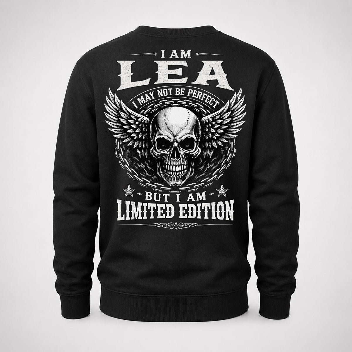 LEA P01-K24-229 – Personalized Skull Graphic Apparel “I Am NAME I May Not Be Perfect But I Am Limited Edition”