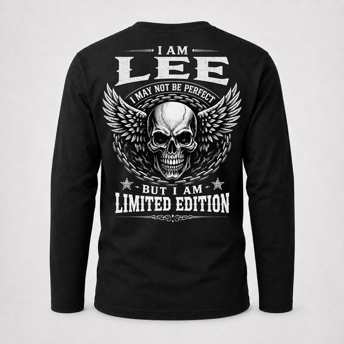 LEE P01-K24-229 – Personalized Skull Graphic Apparel “I Am NAME I May Not Be Perfect But I Am Limited Edition”