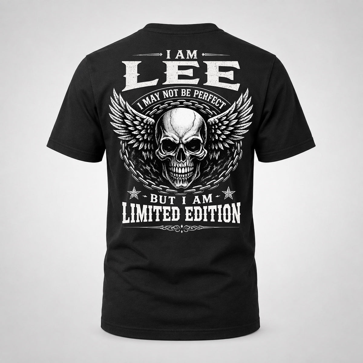 LEE P01-K24-229 – Personalized Skull Graphic Apparel “I Am NAME I May Not Be Perfect But I Am Limited Edition”