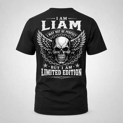 LIAM P01-K24-229 – Personalized Skull Graphic Apparel “I Am NAME I May Not Be Perfect But I Am Limited Edition”
