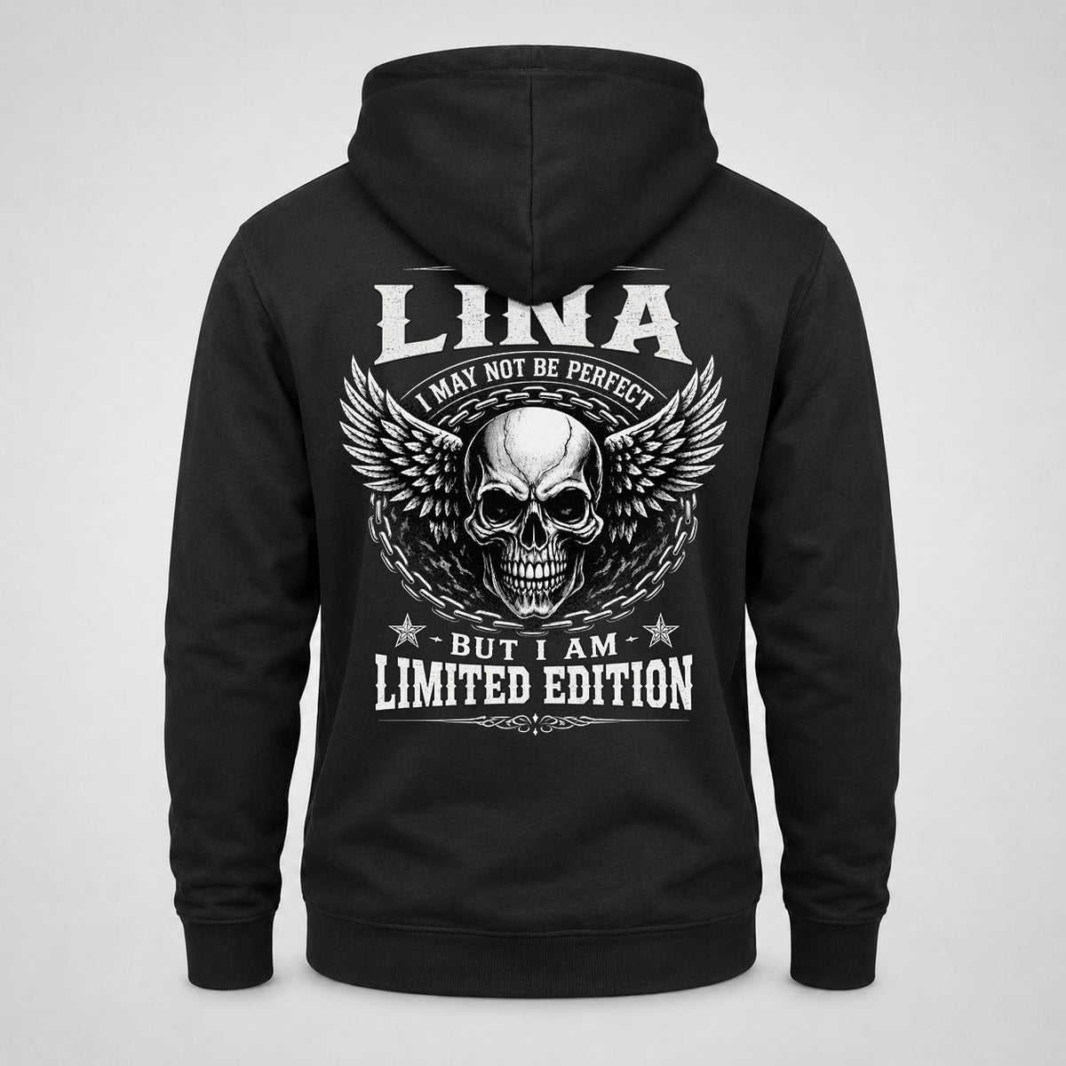 LINA P01-K24-229 – Personalized Skull Graphic Apparel “I Am NAME I May Not Be Perfect But I Am Limited Edition”