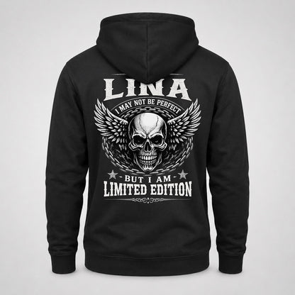 LINA P01-K24-229 – Personalized Skull Graphic Apparel “I Am NAME I May Not Be Perfect But I Am Limited Edition”