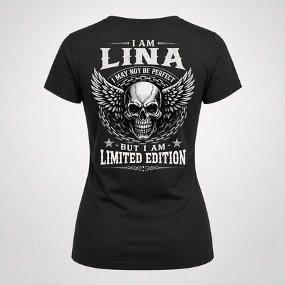 LINA P01-K24-229 – Personalized Skull Graphic Apparel “I Am NAME I May Not Be Perfect But I Am Limited Edition”