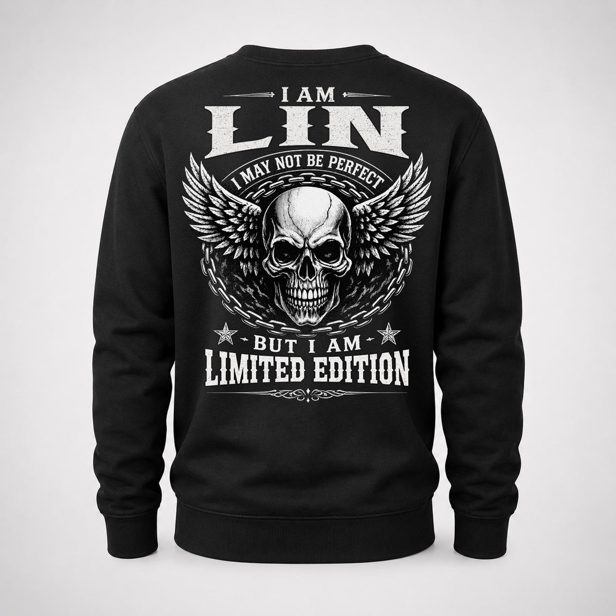 LIN P01-K24-229 – Personalized Skull Graphic Apparel “I Am NAME I May Not Be Perfect But I Am Limited Edition”