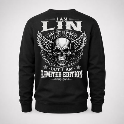 LIN P01-K24-229 – Personalized Skull Graphic Apparel “I Am NAME I May Not Be Perfect But I Am Limited Edition”
