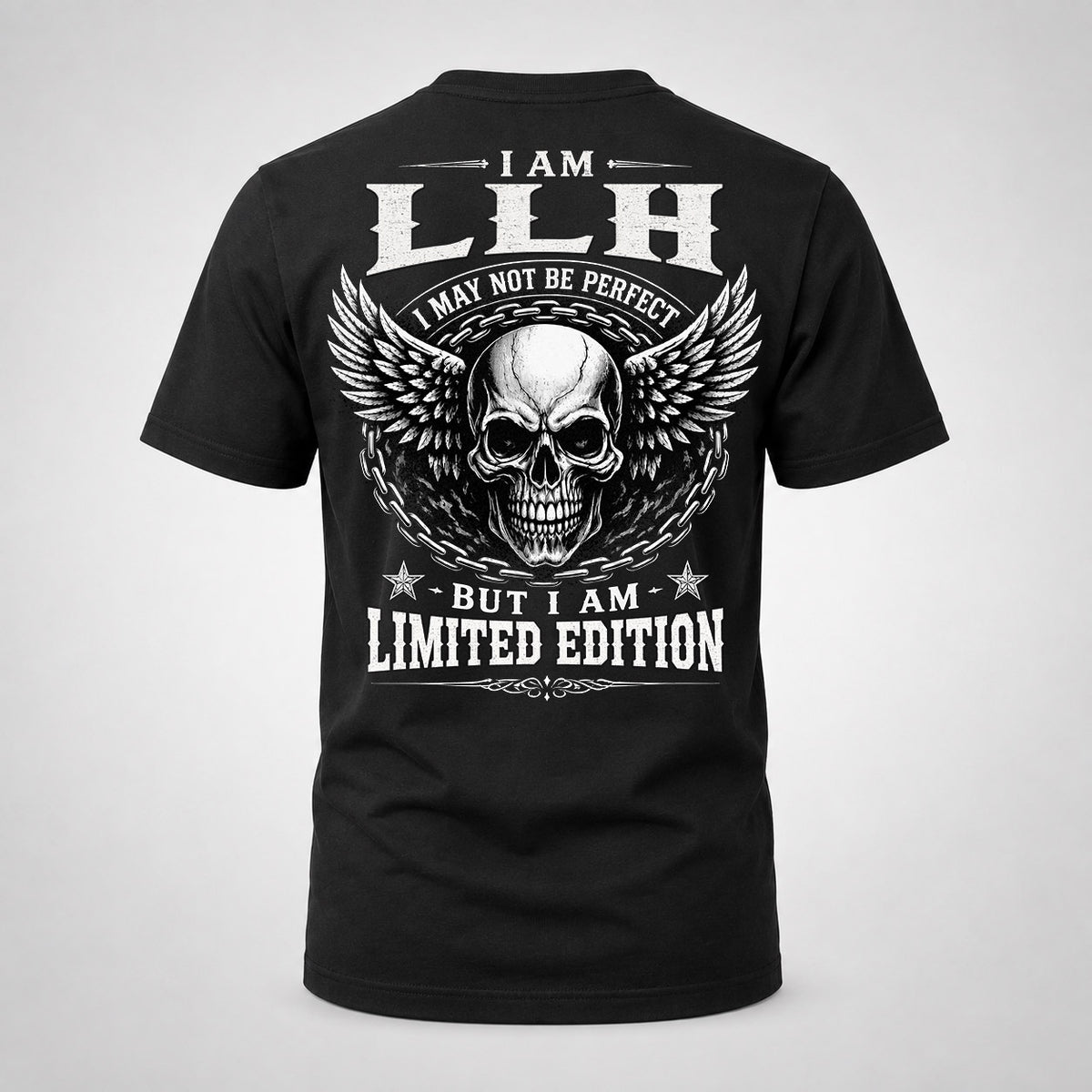 LLH P01-K24-229 – Personalized Skull Graphic Apparel “I Am NAME I May Not Be Perfect But I Am Limited Edition”