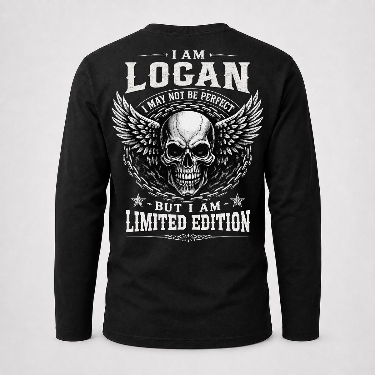 LOGAN P01-K24-229 – Personalized Skull Graphic Apparel “I Am NAME I May Not Be Perfect But I Am Limited Edition”
