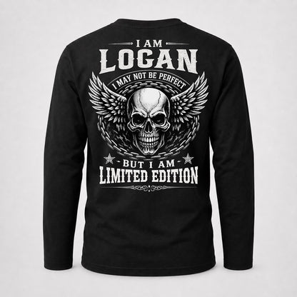 LOGAN P01-K24-229 – Personalized Skull Graphic Apparel “I Am NAME I May Not Be Perfect But I Am Limited Edition”
