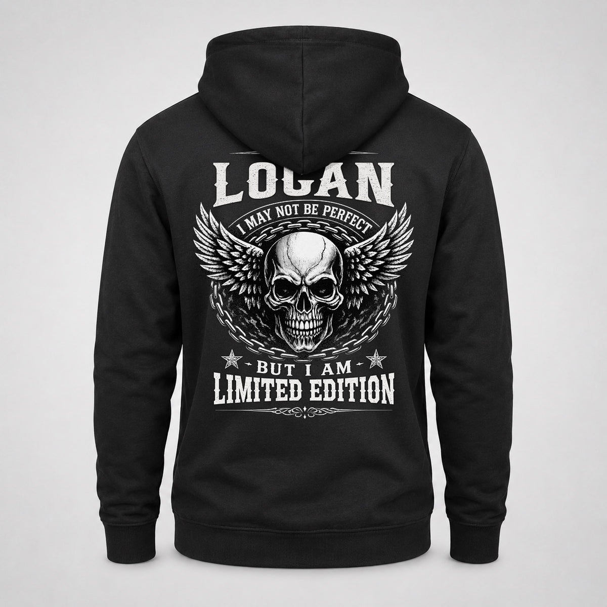 LOGAN P01-K24-229 – Personalized Skull Graphic Apparel “I Am NAME I May Not Be Perfect But I Am Limited Edition”