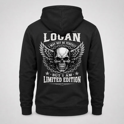 LOGAN P01-K24-229 – Personalized Skull Graphic Apparel “I Am NAME I May Not Be Perfect But I Am Limited Edition”