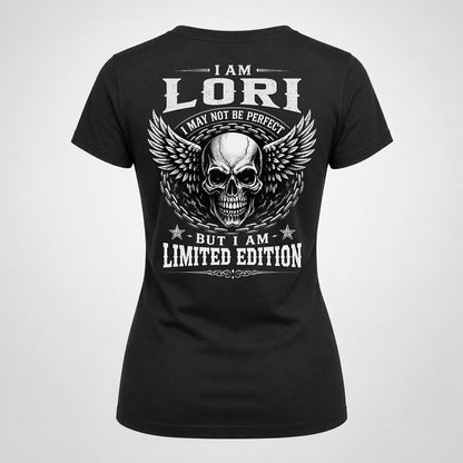 LORI P01-K24-229 – Personalized Skull Graphic Apparel “I Am NAME I May Not Be Perfect But I Am Limited Edition”