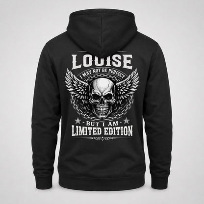 LOUISE P01-K24-229 – Personalized Skull Graphic Apparel “I Am NAME I May Not Be Perfect But I Am Limited Edition”