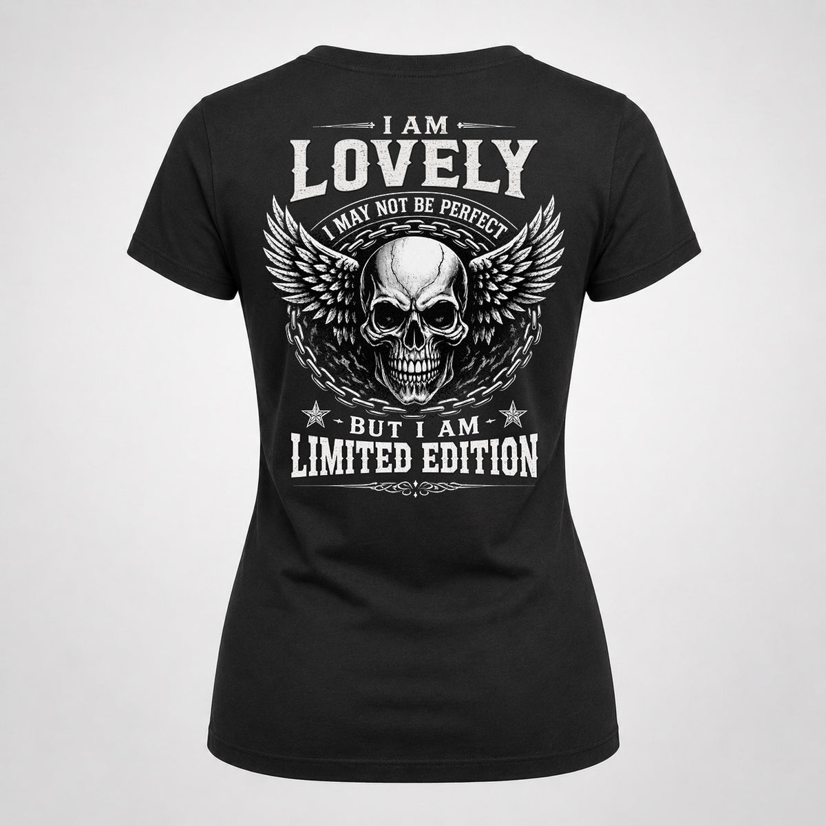 LOVELY P01-K24-229 – Personalized Skull Graphic Apparel “I Am NAME I May Not Be Perfect But I Am Limited Edition”