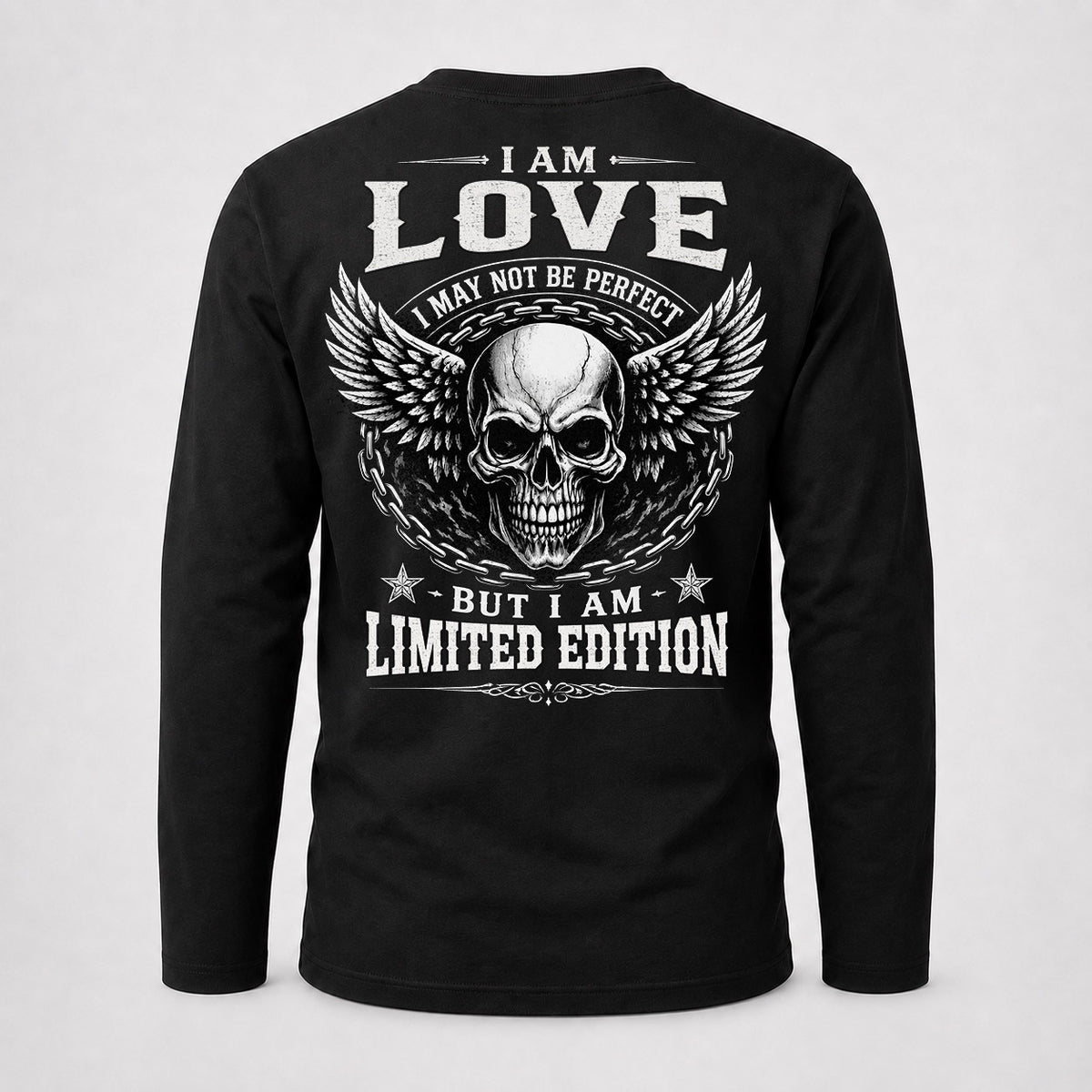 LOVE P01-K24-229 – Personalized Skull Graphic Apparel “I Am NAME I May Not Be Perfect But I Am Limited Edition”