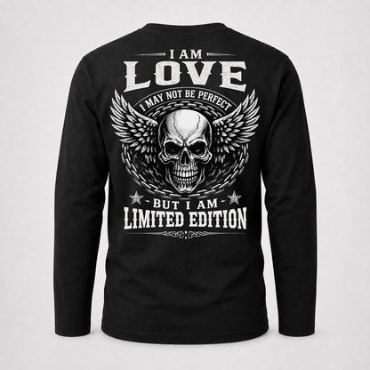 LOVE P01-K24-229 – Personalized Skull Graphic Apparel “I Am NAME I May Not Be Perfect But I Am Limited Edition”