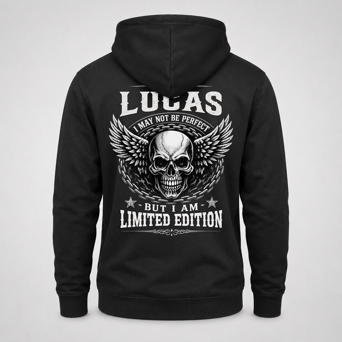 LUCAS P01-K24-229 – Personalized Skull Graphic Apparel “I Am NAME I May Not Be Perfect But I Am Limited Edition”
