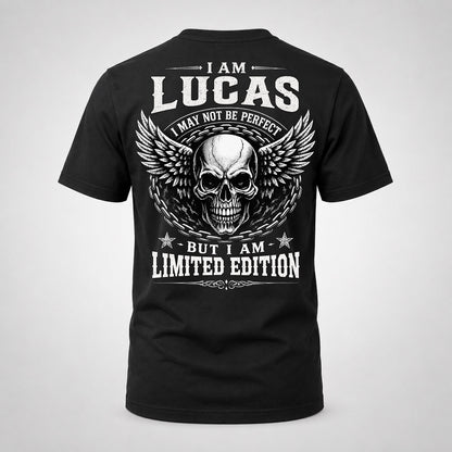 LUCAS P01-K24-229 – Personalized Skull Graphic Apparel “I Am NAME I May Not Be Perfect But I Am Limited Edition”