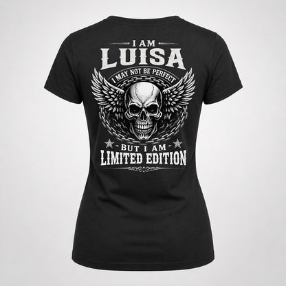 LUISA P01-K24-229 – Personalized Skull Graphic Apparel “I Am NAME I May Not Be Perfect But I Am Limited Edition”