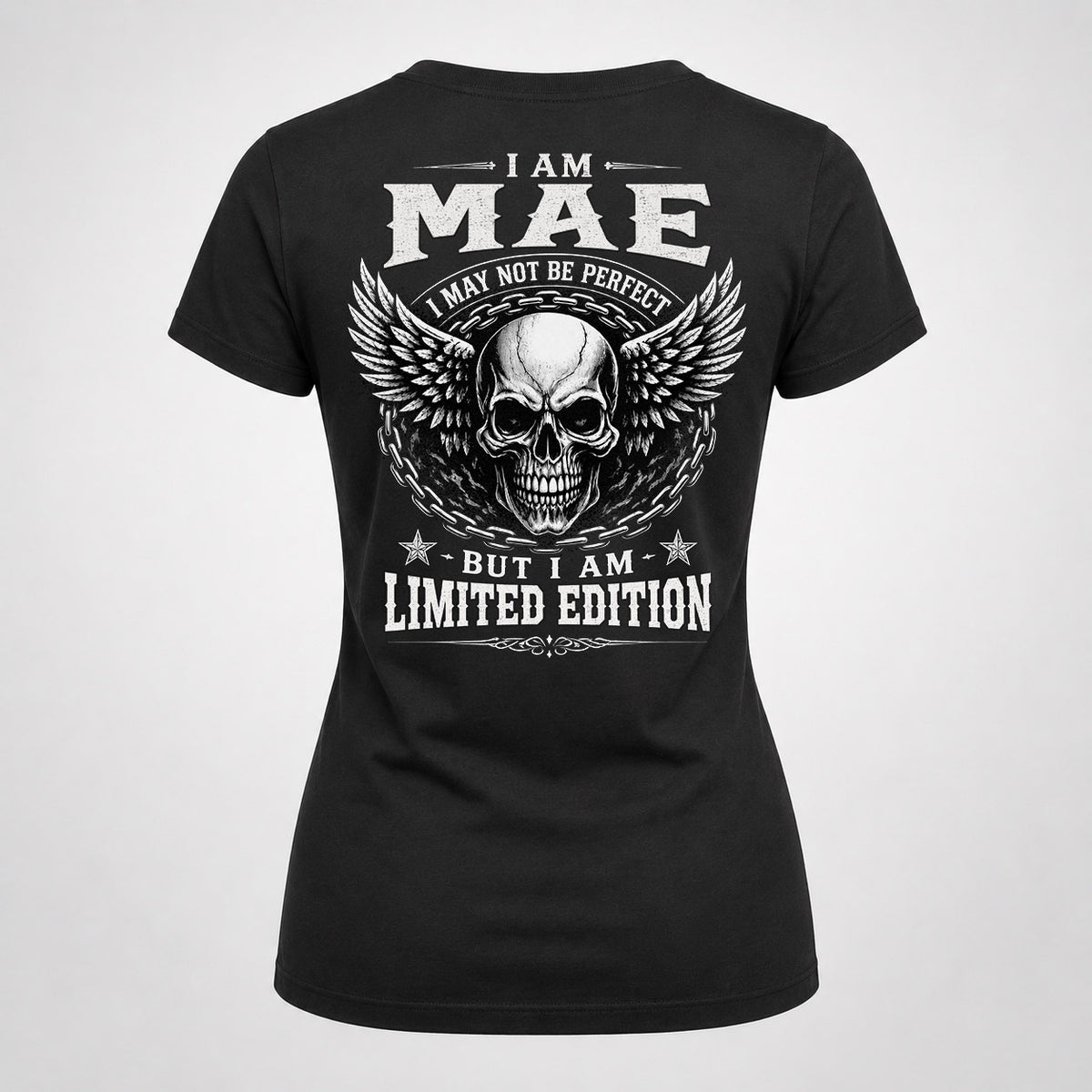 MAE P01-K24-229 – Personalized Skull Graphic Apparel “I Am NAME I May Not Be Perfect But I Am Limited Edition”