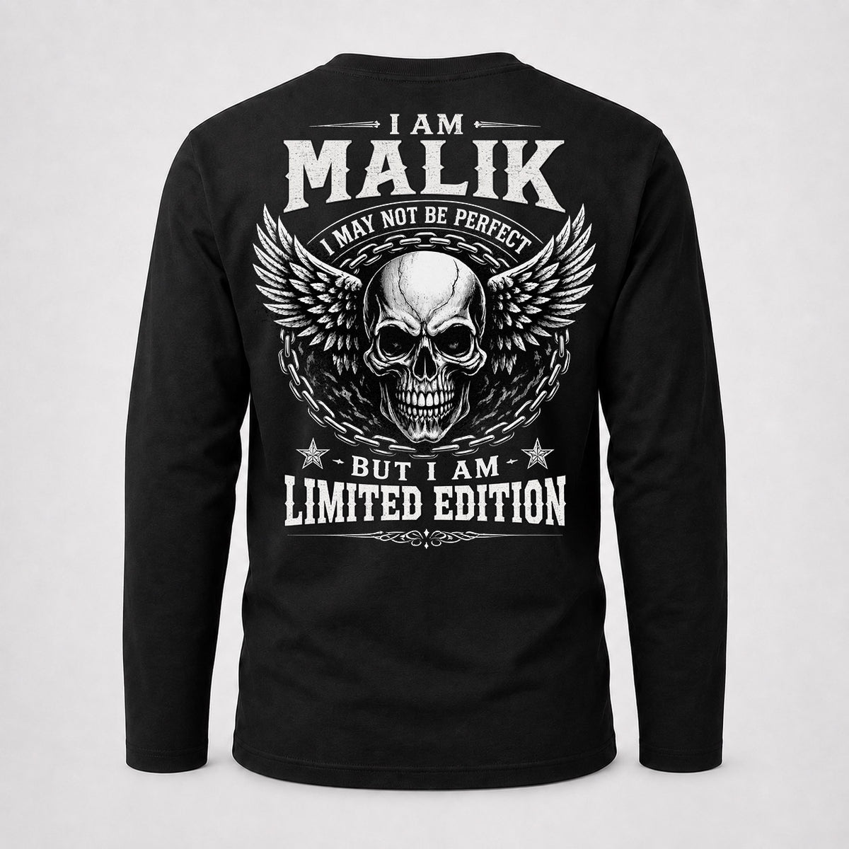 MALIK P01-K24-229 – Personalized Skull Graphic Apparel “I Am NAME I May Not Be Perfect But I Am Limited Edition”