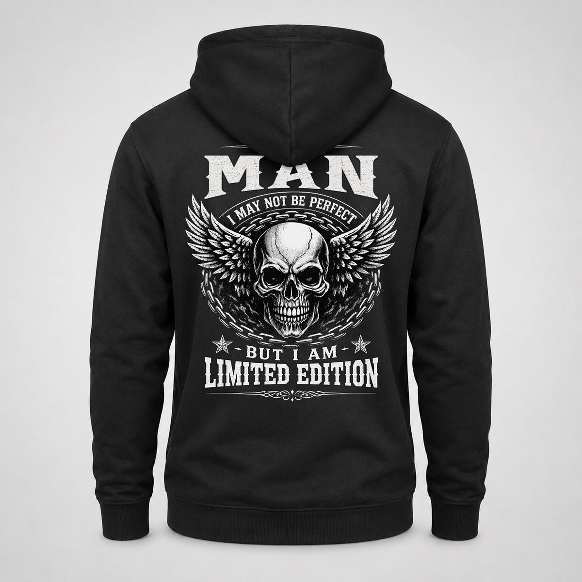 MAN P01-K24-229 – Personalized Skull Graphic Apparel “I Am NAME I May Not Be Perfect But I Am Limited Edition”