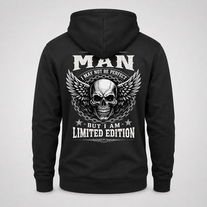 MAN P01-K24-229 – Personalized Skull Graphic Apparel “I Am NAME I May Not Be Perfect But I Am Limited Edition”