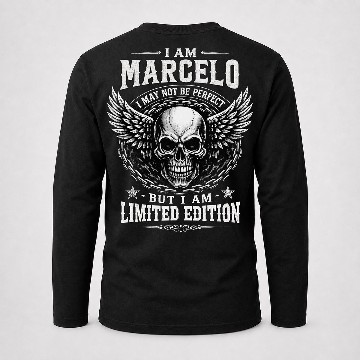 MARCELO P01-K24-229 – Personalized Skull Graphic Apparel “I Am NAME I May Not Be Perfect But I Am Limited Edition”
