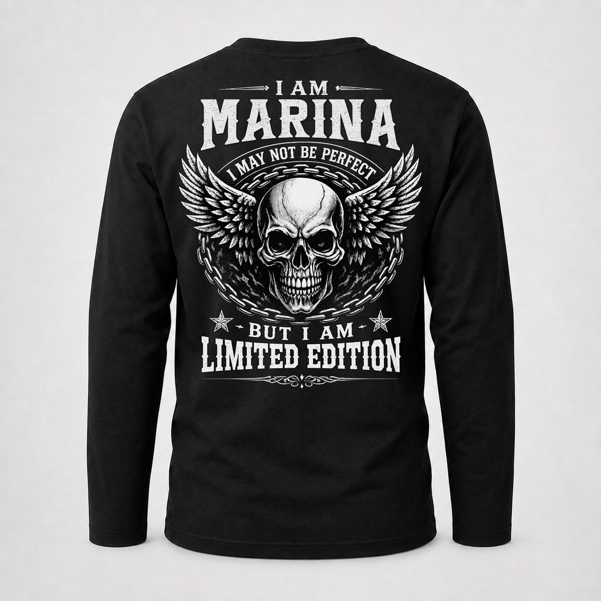MARINA P01-K24-229 – Personalized Skull Graphic Apparel “I Am NAME I May Not Be Perfect But I Am Limited Edition”