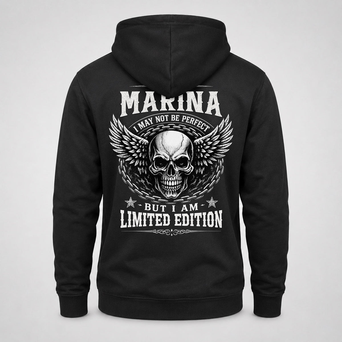 MARINA P01-K24-229 – Personalized Skull Graphic Apparel “I Am NAME I May Not Be Perfect But I Am Limited Edition”